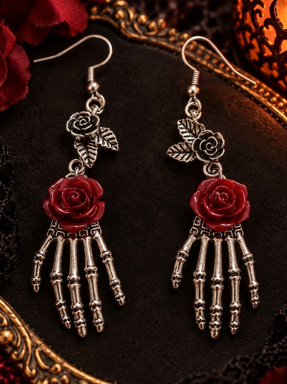 New Silver Tone Metal Red Rose Skeleton Hand Drop Dangle Earrings
